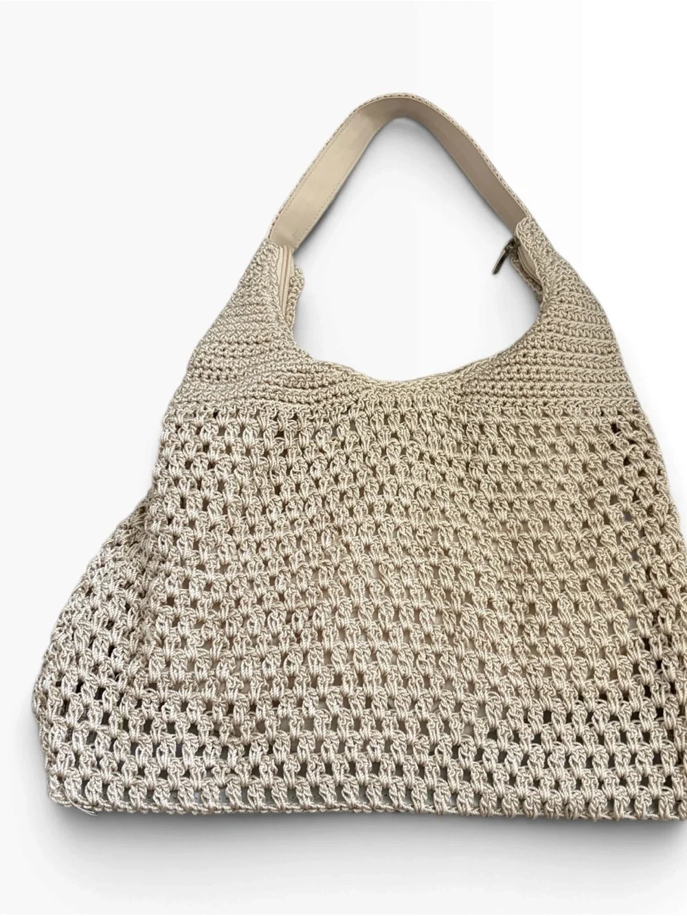Beige Tan Crochet Knit Woven Hobo Bag Unique Boho Hippie Purse with Front Pocket